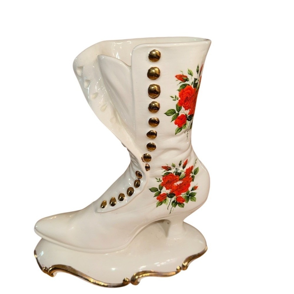 Angier Point Victorian Lace-Up Boot Vase Planter White Roses Gold Trim vintage
